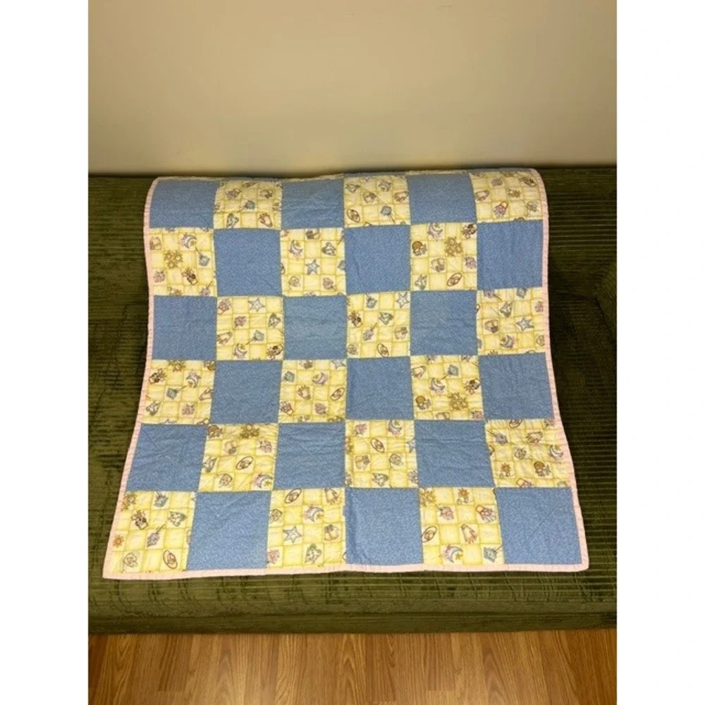 Handmade Patchwork Baby Quilt Birdhouse Garden Blue Pink 35x40 Nursery Blanket